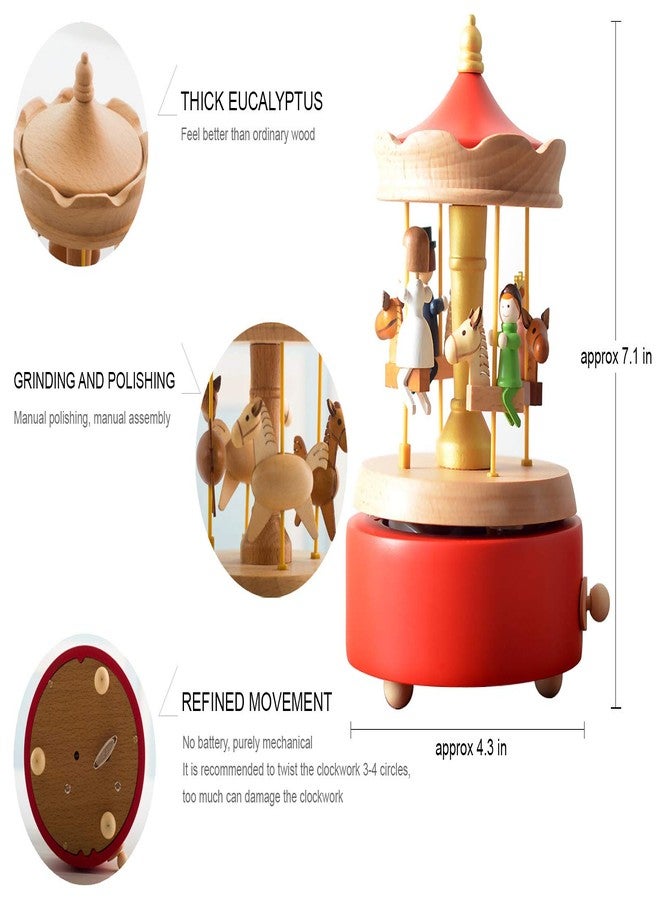 LILYXIN صندوق موسيقى دوار من LILYXIN، صندوق موسيقي خشبي مصنوع يدويًا على شكل حصان دوار، مصنوع من الخشب، ديكور منزلي لعيد الميلاد (أحمر) - Image 4